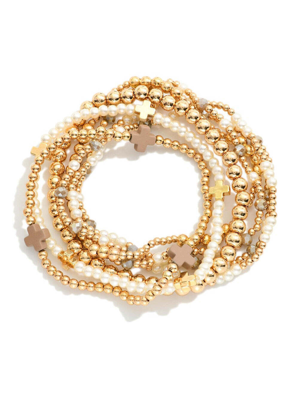 Gold Brown Cross Pearl Beaded Stretch Bracelet Stack Set of 7